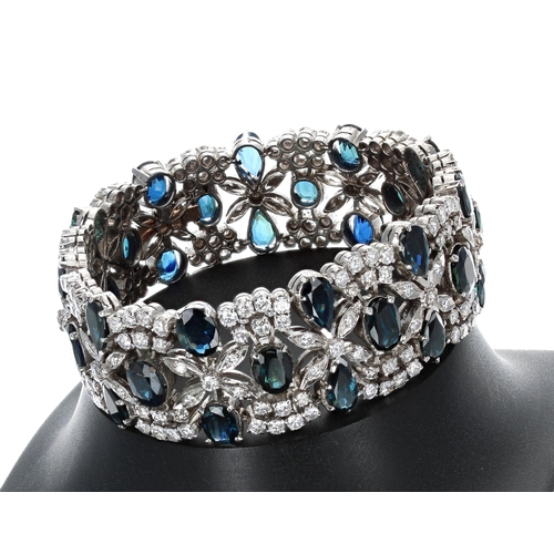 610 - Impressive sapphire and diamond bracelet with matching earrings, the bracelet 22mm, 47gm, 6.5