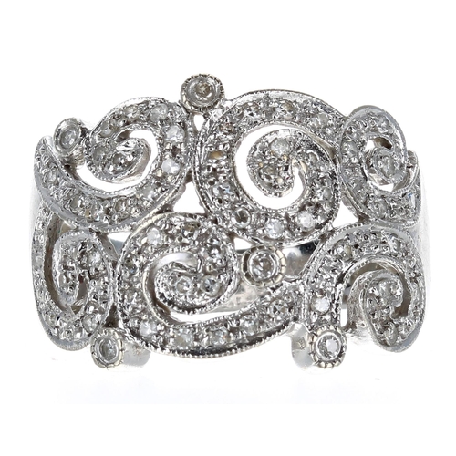 621 - 14ct white gold scroll design diamond dress ring, width 16mm, 5.8gm, ring size N/O