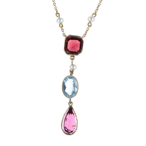 626 - Attractive 9ct seed pearl, garnet and aquamarine drop pendant on necklace, 5.1gm, 15