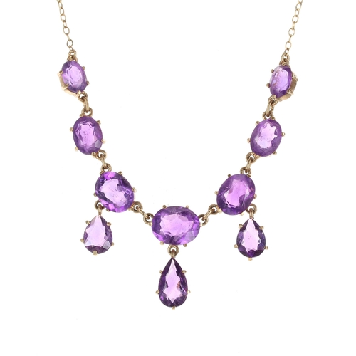 627 - Attractive 9ct amethyst drop fringe necklace, 7.7gm, 16