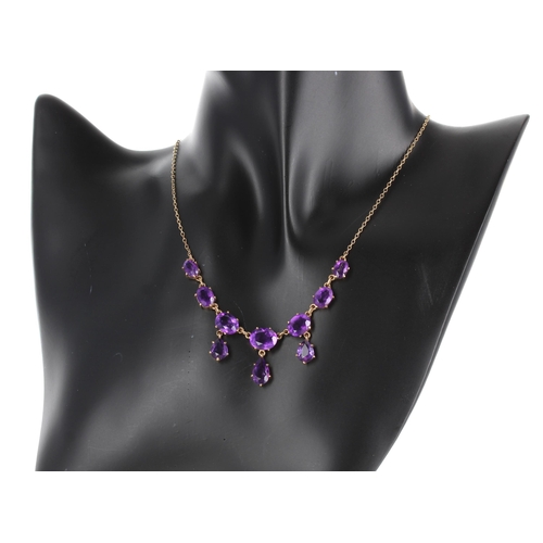 627 - Attractive 9ct amethyst drop fringe necklace, 7.7gm, 16