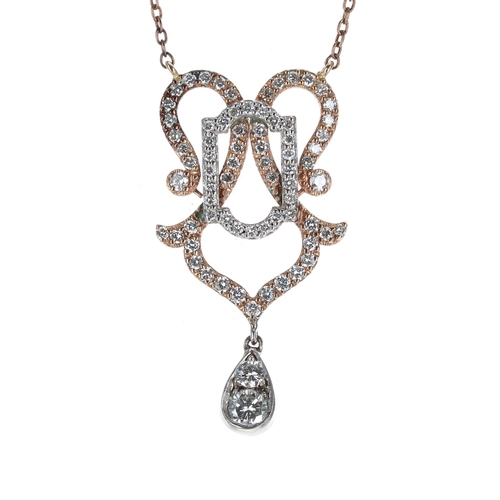 630 - Ornate two colour diamond set drop pendant on a gilded rose coloured necklace, 3.92g, the pendant dr... 