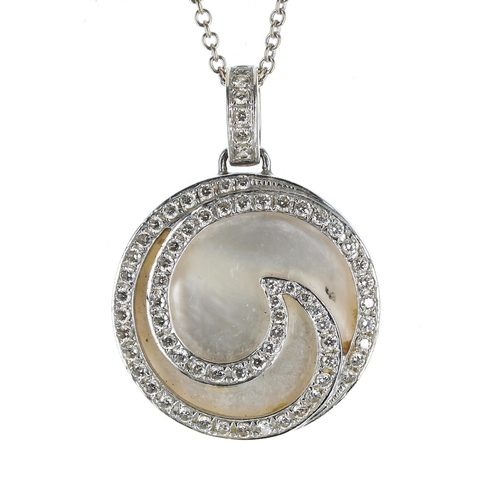 638 - Modern 18ct white gold diamond & mother of pearl swirl design circular pendant on necklace, 12.1... 