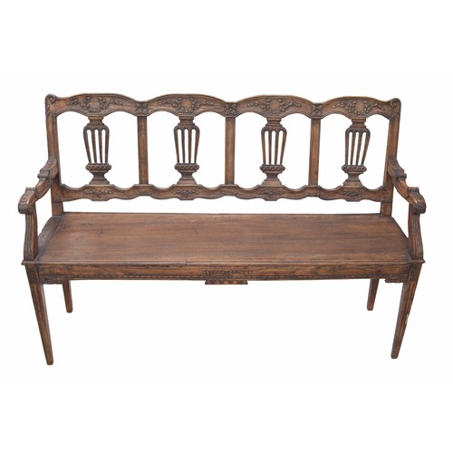 1338 - 18th century French oak chair back bench, the backs with carved scroll and foliate wreath over pierc... 