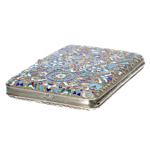 768 - Russian silver and cloisonné cigarette case, with dense scrolling foliate and stylised floral decora... 