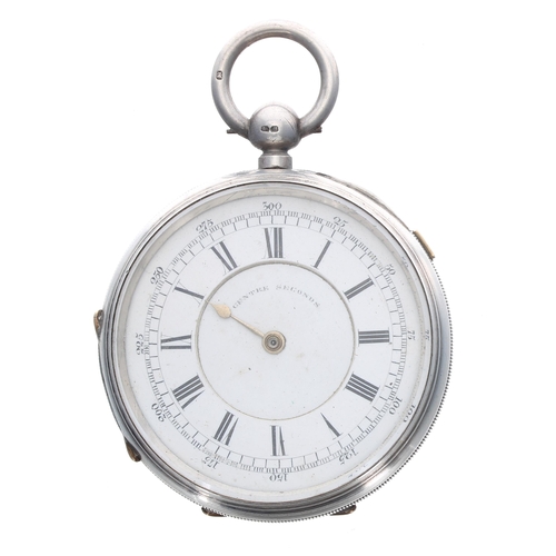 395 - Silver centre seconds chronograph lever pocket watch for repair, the three quarter plate movement si... 