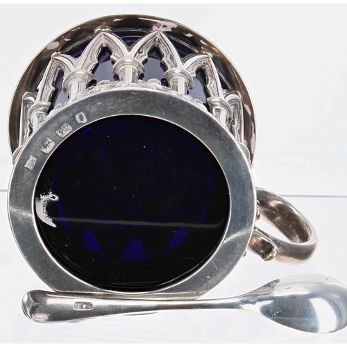 14 - Victorian silver drum mustard, with a hinged cover and cast open arcaded surround enclosing a blue g... 