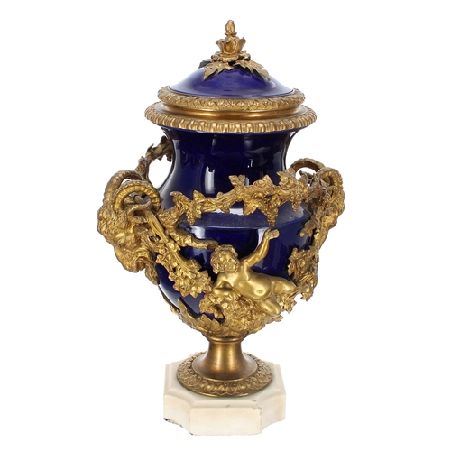 133 - Impressive French gilt metal and marble mounted blue glaze ceramic urn with cover in Louis XVI style... 