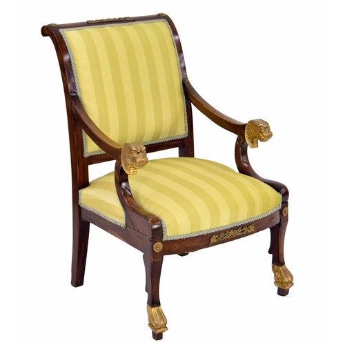 551 - Early 19th century French mahogany armchair in the manner of Thomas Hope, the back with applied gilt... 