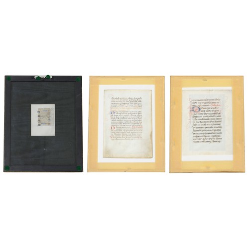 75 - Three interesting framed illuminated manuscript pages, within double glazed frames, one with a title... 