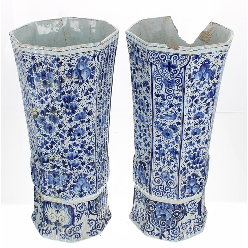 160 - Pair of early Delft faience glazed octagonal fluted pottery vases with covers, possibly Rouen ware, ... 