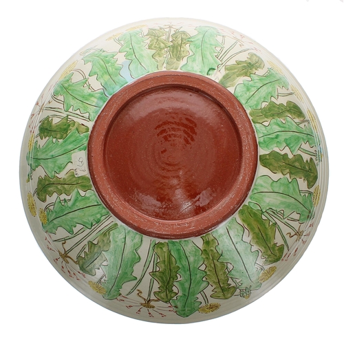 183 - Jenni Phillips studio pottery bowl, decorated with stylised wildflowers and leaves on a pale natural... 