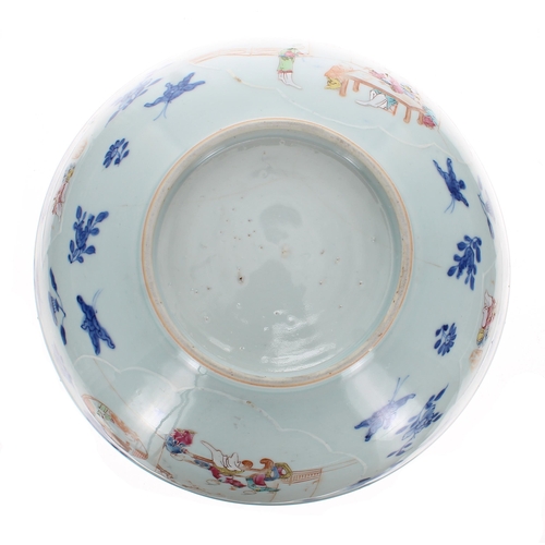 265 - Chinese famille rose circular pedestal porcelain bowl, decorated in undergalze blue and decorated wi... 