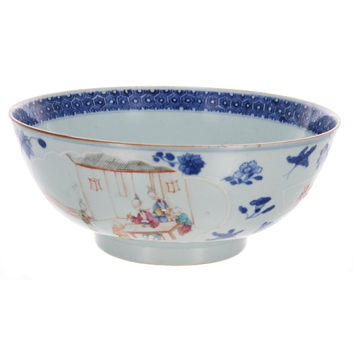 265 - Chinese famille rose circular pedestal porcelain bowl, decorated in undergalze blue and decorated wi... 