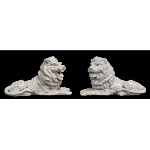 274 - Large pair of Chinese crackle glaze pottery recumbent lion figures, 20th century, 17