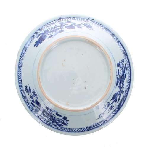 301 - Two similar Chinese export blue and white porcelain Patty Pans, each decorated with flowers and inse... 