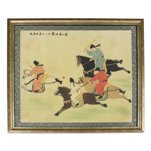 355 - Chinese School - Figures on horseback playing polo, signed and bearing various studio stamps, waterc... 