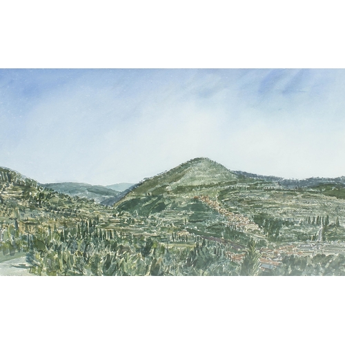 454 - David Gluck RWS., RE., (1939-2007) - 'Village in the Hills, Italy', signed also inscribed with the t... 