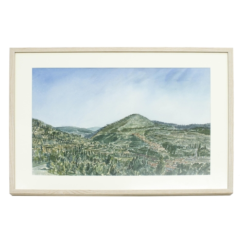 454 - David Gluck RWS., RE., (1939-2007) - 'Village in the Hills, Italy', signed also inscribed with the t... 