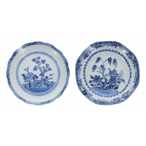 250 - Pair of Chinese export blue and white porcelain circular plates, decorated with boats in a landscape... 