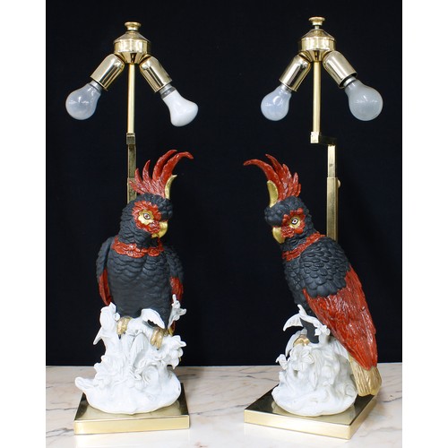 162 - Good pair of Italian Societa Porcellane Aristiche Cockatoo table lamps, the bird figures mounted upo... 