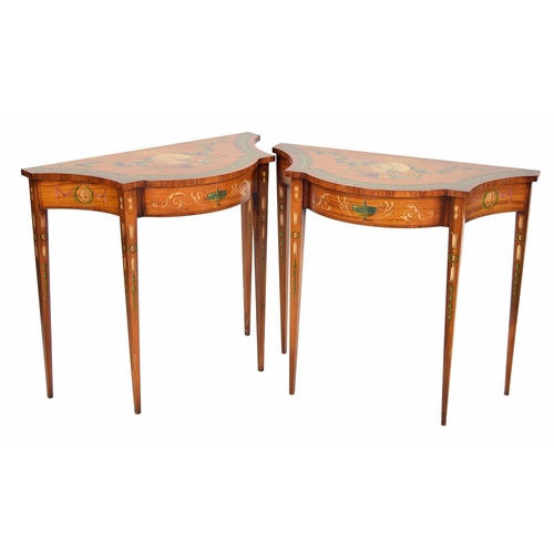 560 - Attractive fine pair of satinwood crossbanded and painted side tables in the Adam style, each with o... 