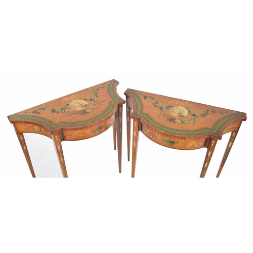 560 - Attractive fine pair of satinwood crossbanded and painted side tables in the Adam style, each with o... 