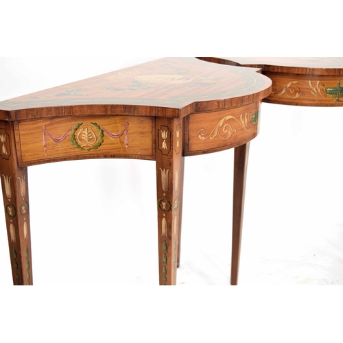 560 - Attractive fine pair of satinwood crossbanded and painted side tables in the Adam style, each with o... 