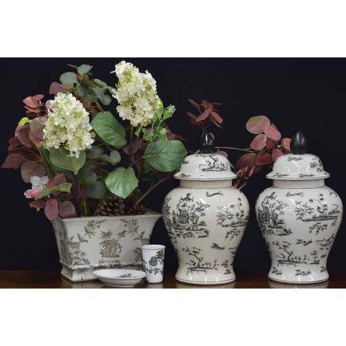 151 - Pair of India Jane baluster jars with covers, monochrome decorated with Chinese Willow tree and pago... 