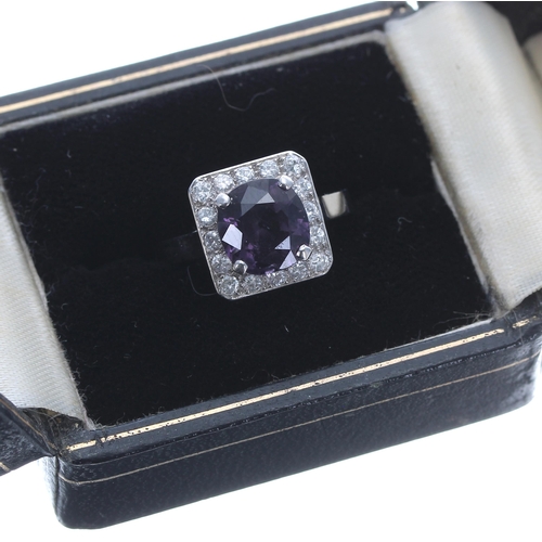 132 - Attractive modern 18ct white gold purple spinel and diamond square dress cluster ring, the spinel 3.... 