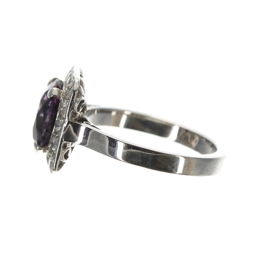 132 - Attractive modern 18ct white gold purple spinel and diamond square dress cluster ring, the spinel 3.... 