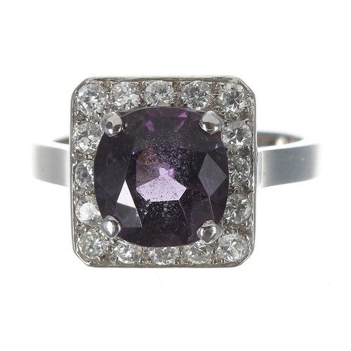 132 - Attractive modern 18ct white gold purple spinel and diamond square dress cluster ring, the spinel 3.... 