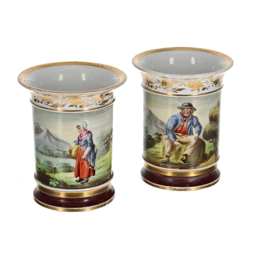 137 - Pair of early 19th century English cylindrical porcelain vases, painted with figures and highland la... 