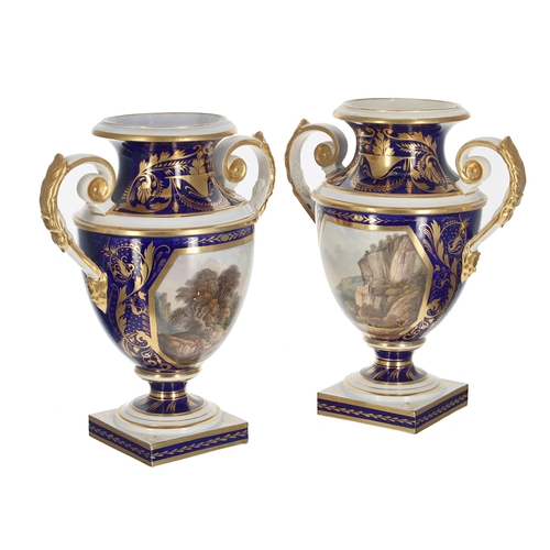 138 - Fine pair of Derby (Bloor) blue-ground and gilt twin handled porcelain urns painted with titled land... 