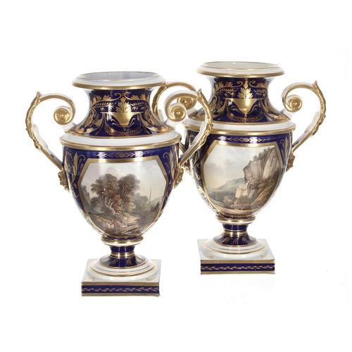 138 - Fine pair of Derby (Bloor) blue-ground and gilt twin handled porcelain urns painted with titled land... 