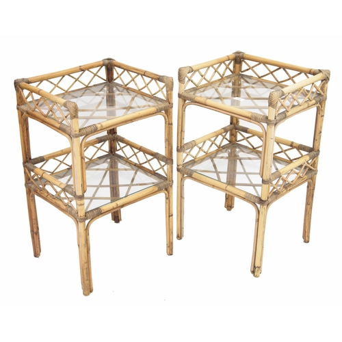 496 - Pair of bamboo bedside two tier open tables with inset glass shelves, 16