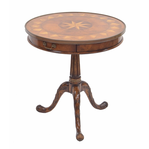 562 - Good quality reproduction parquetry inlaid drum occasional table, the parquetry top with applied met... 