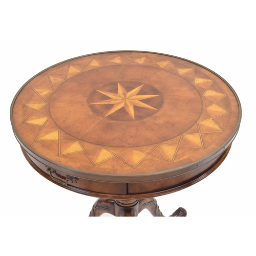 562 - Good quality reproduction parquetry inlaid drum occasional table, the parquetry top with applied met... 