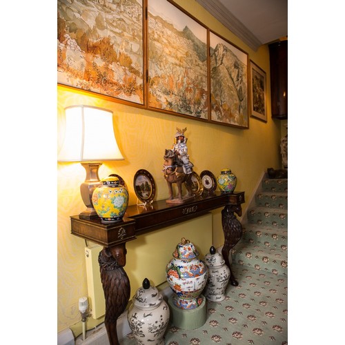 553 - 19th century mahogany and rosewood reverse breakfront console table, the frieze with applied classic... 