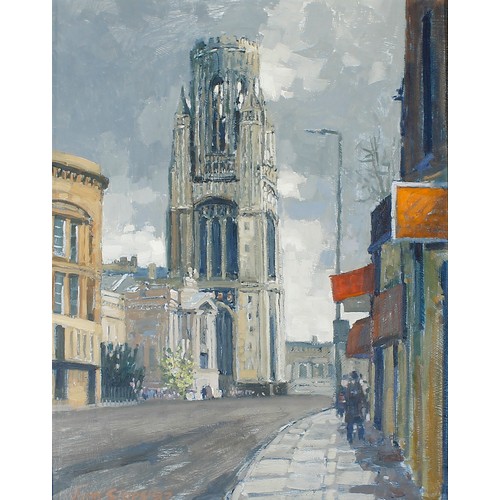 448 - John Stops (1925-2002) - Street scene with figures on a pavement in the foreground and a Church and ... 