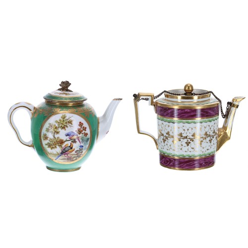 145 - 19th cylindrical porcelain teapot and cover with a matching sugar bowl, the teapot with fitted gilt ... 