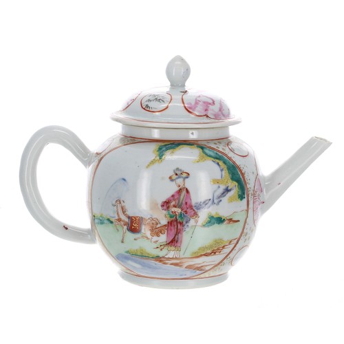 292 - Chinese export famille rose porcelain teapot and cover, depicting scroll panels of figure upon a gil... 