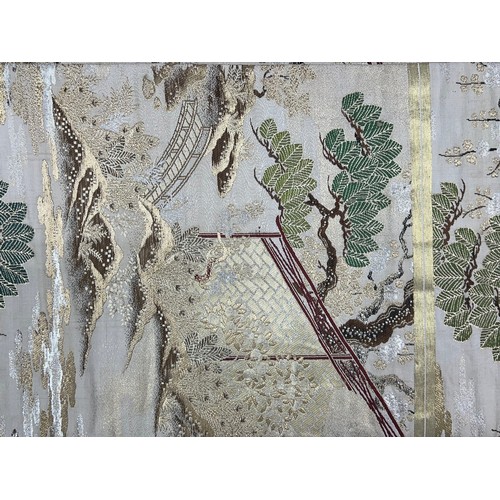 334 - Japanese silk embroidered and woven silk long Obi sash, with gold, silver and metallic thread, decor... 