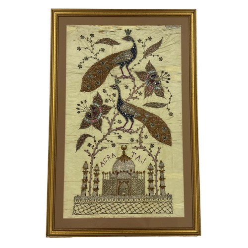 356 - Indian 'Agra Taj' gilt thread embroidered silkwork picture, of two peacocks over an aspect of The Ta... 