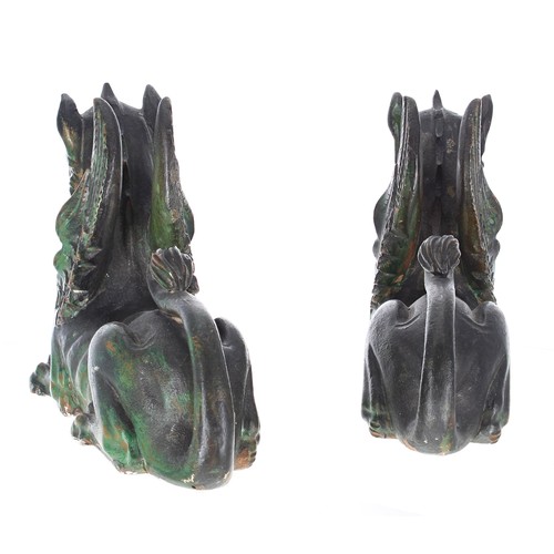 104 - Pair of 19th century wood carvings of griffins, with verdigris bronze effect patination, 10