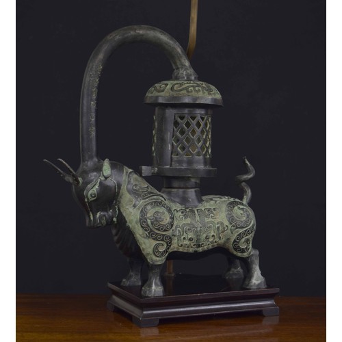 320 - Chinese bronze archaic style lantern bull lamp with shade, the bull 16