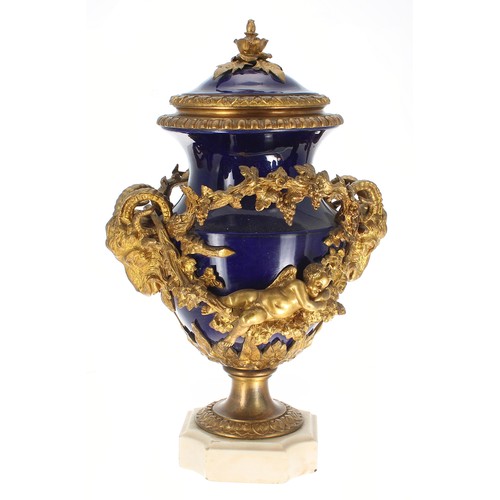 133 - Impressive French gilt metal and marble mounted blue glaze ceramic urn with cover in Louis XVI style... 