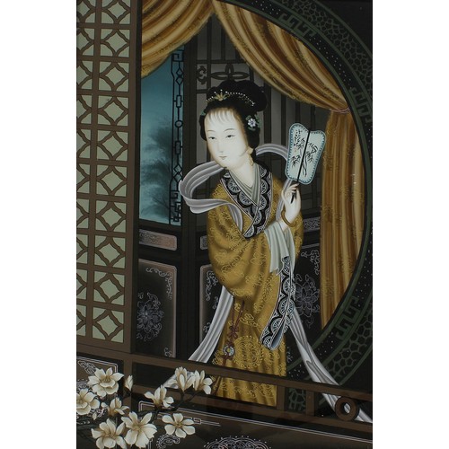 352 - Chinese School - Chinese maiden seen through a window holding a fan, standing on a balcony, oil on g... 