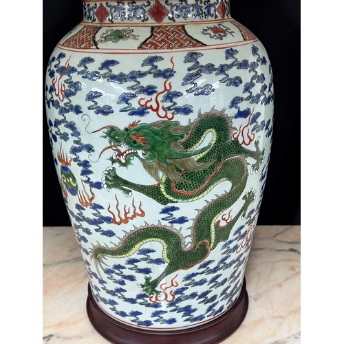 270 - Good pair of large Chinese porcelain vases converted to table lamps, profusely decorated with green ... 