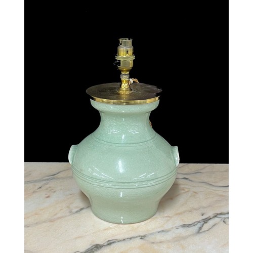 336 - Chinese celadon glaze ovoid twin-handle vase converted to a table lamp, with integral moulded handle... 